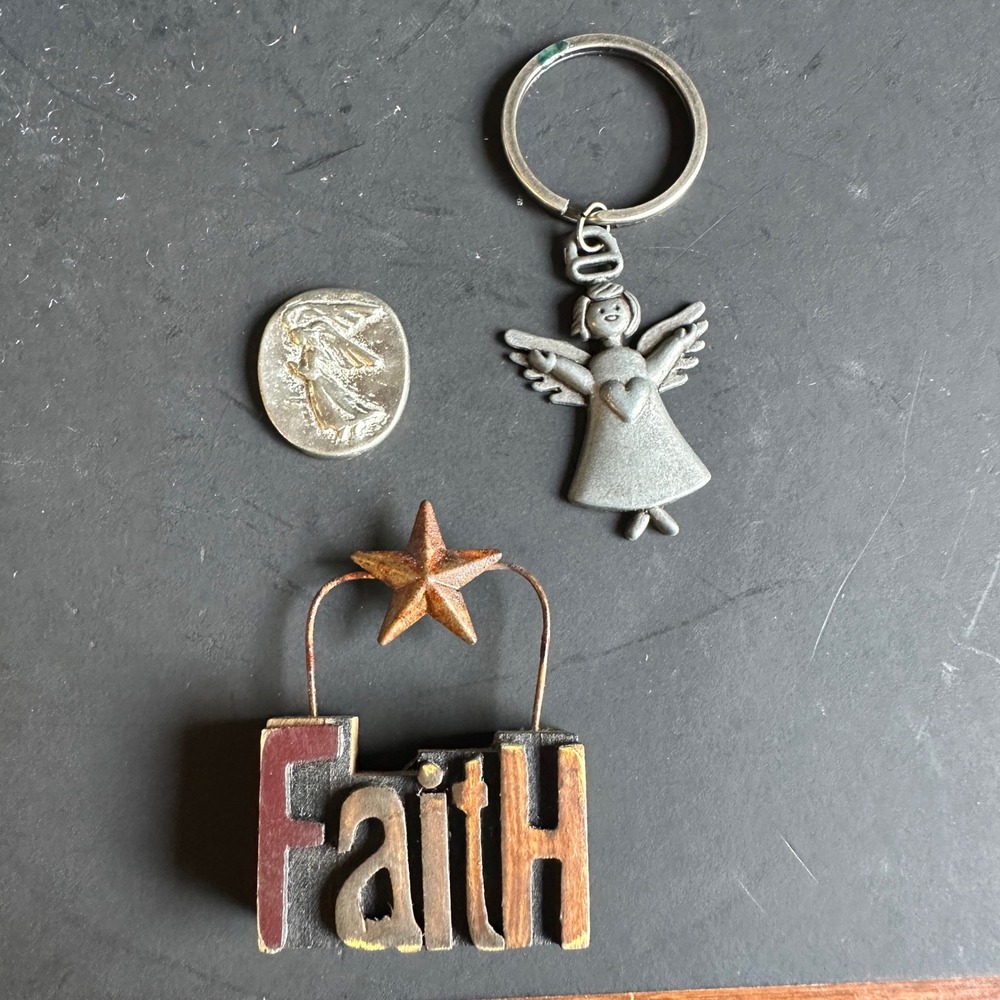 Faith Gift Lot Angel Keychain Pocket Token Wood Block Sign Religious Decor Set